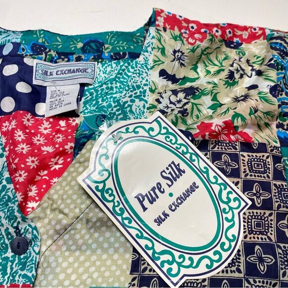 Vintage Silk Exchange Patchwork Print Bohemian Silk Button Front Blouse Sz M NWT - Picture 11 of 15